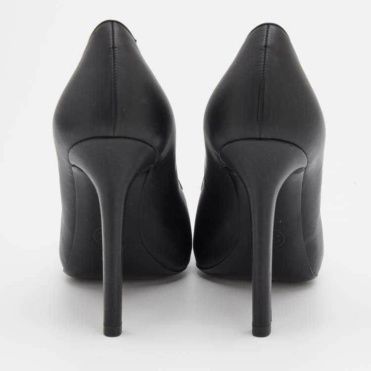 Pre Owned Chanel Black Leather And Fabric Cap Toe Camellia Pearl Embellished Pumps Size 35