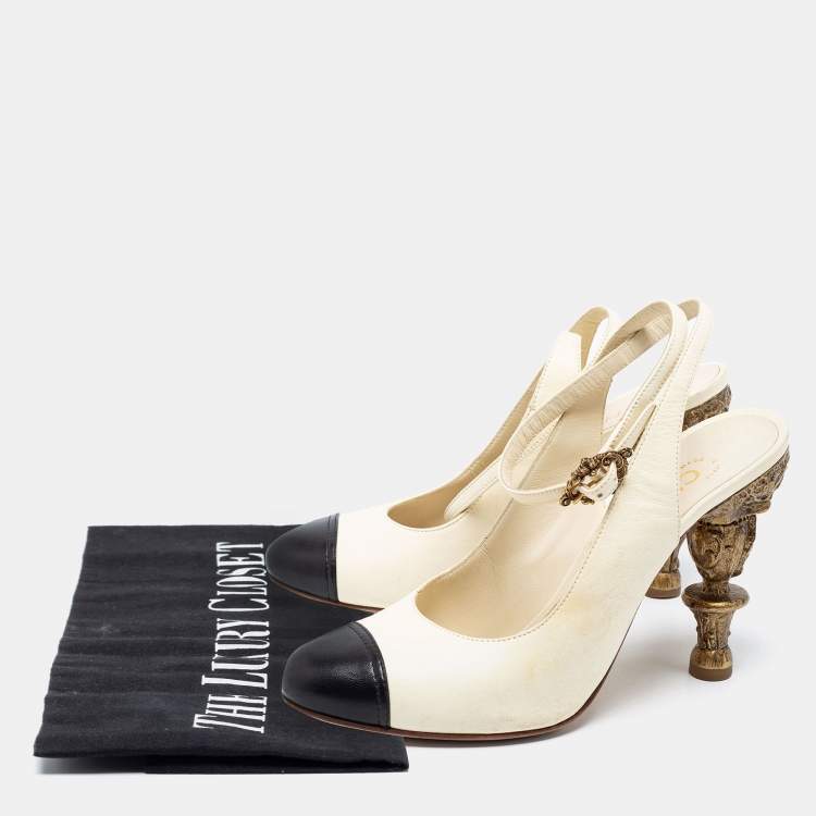 Pre Owned Chanel Cream/Black Leather Baroque Heel Ankle-Strap Pumps Size 38.5