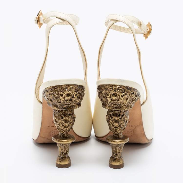 Pre Owned Chanel Cream/Black Leather Baroque Heel Ankle-Strap Pumps Size 38.5