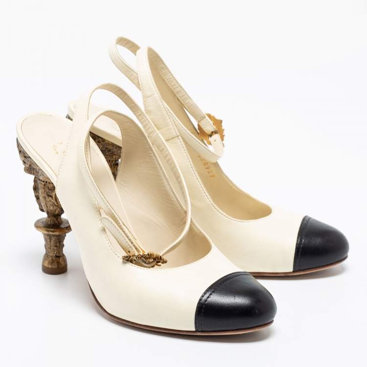 Pre Owned Chanel Cream/Black Leather Baroque Heel Ankle-Strap Pumps Size 38.5