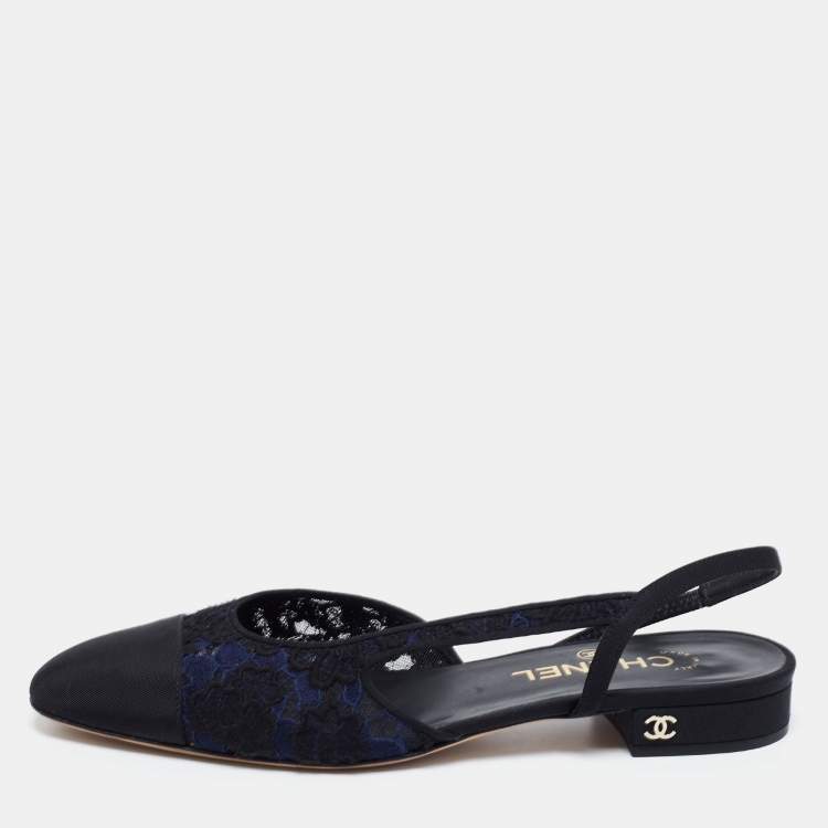 Chanel Black/Blue Lace and Fabric Cap-Toe Slingback Flats Size 38.5 Chanel  | The Luxury Closet