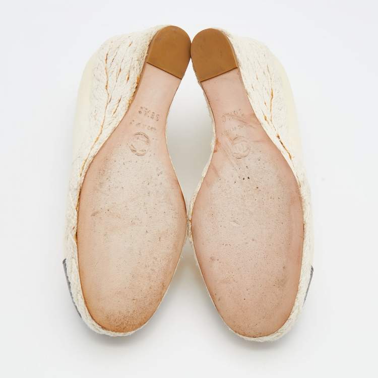 Pre Owned Chanel Cream/Black Leather CC Cap Toe Espadrille Platform Wedge Pumps Size 36.5