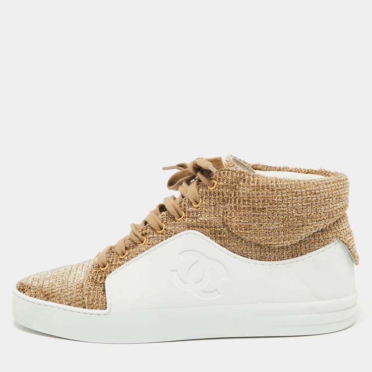 Chanel White/Gold Rubber And Tweed Fantasy High Top Sneakers