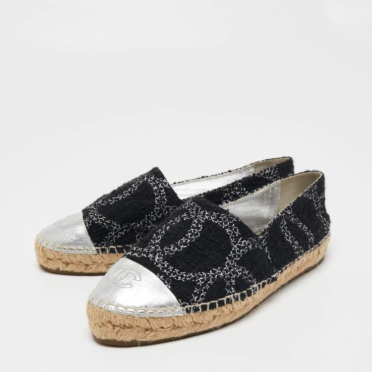 Chanel Black/Silver Tweed and Leather CC Cap Toe Espadrille Flats Size 37  Chanel