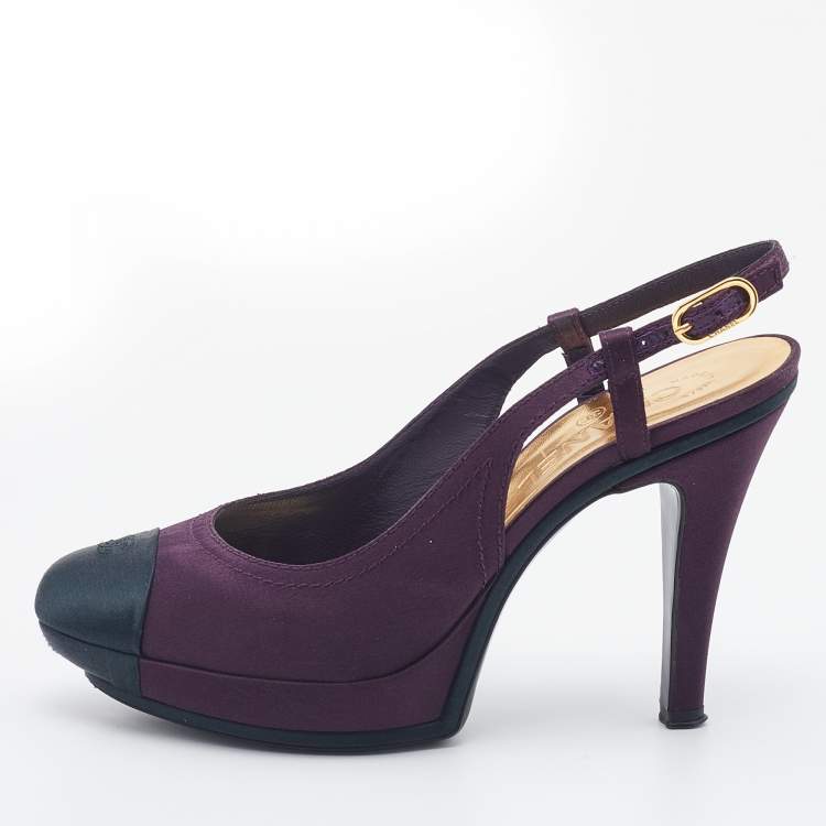 Chanel Purple/Black Satin CC Cap Toe Slingbacks Sandals Size 38
