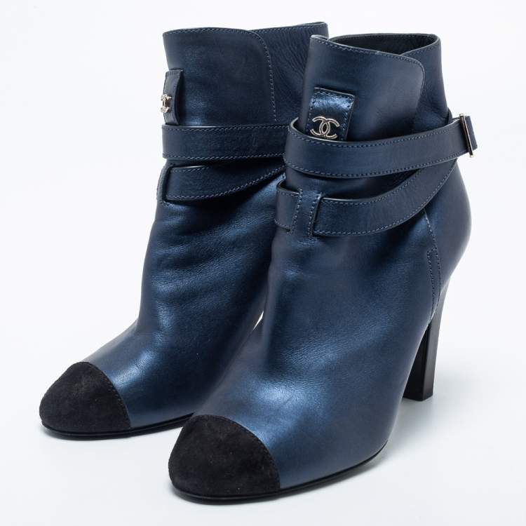 Chanel Navy Blue/Black Suede And Leather Ankle Boots Size 41