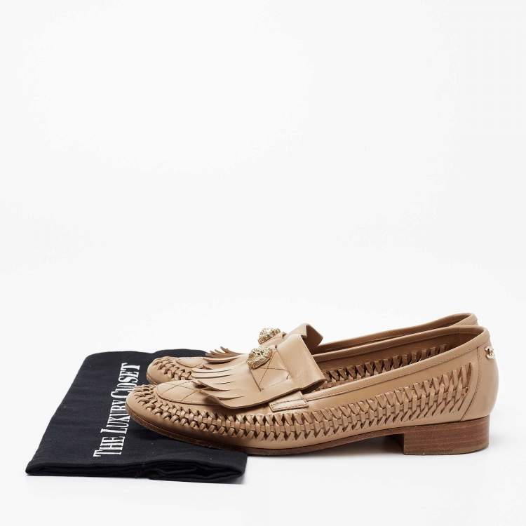 Pre Owned Chanel Beige Leather Braided Lion Head Detail Slip On Loafers Size 39