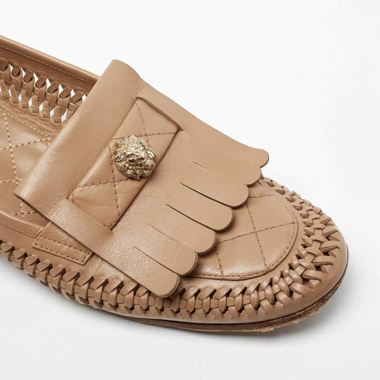 Pre Owned Chanel Beige Leather Braided Lion Head Detail Slip On Loafers Size 39