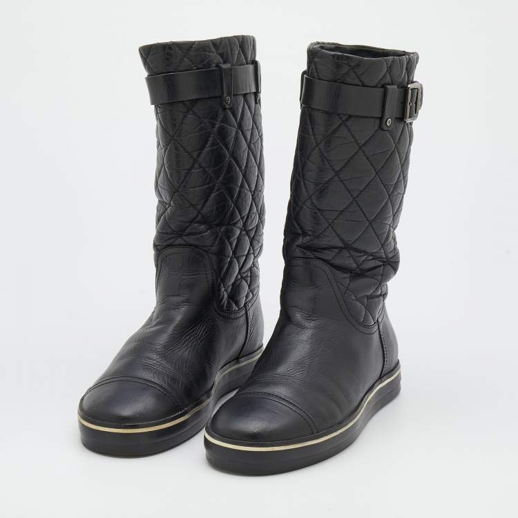 Chanel Black Quilted Leather Mid Calf Length Boots Size 37.5 Chanel