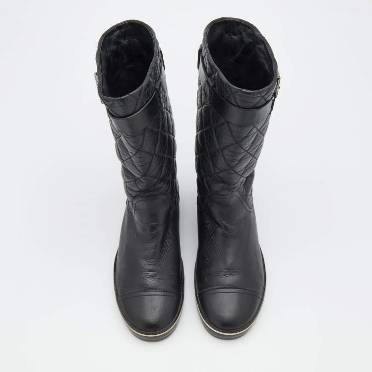 Pre Owned Chanel Black Quilted Leather Mid Calf Length Boots Size 37.5