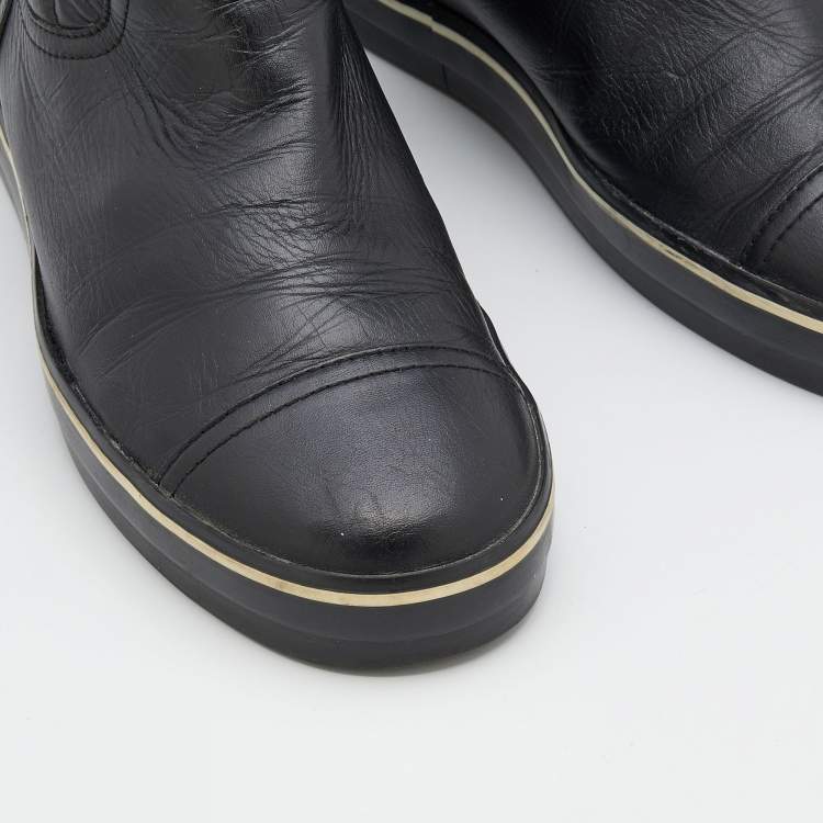 Pre Owned Chanel Black Quilted Leather Mid Calf Length Boots Size 37.5