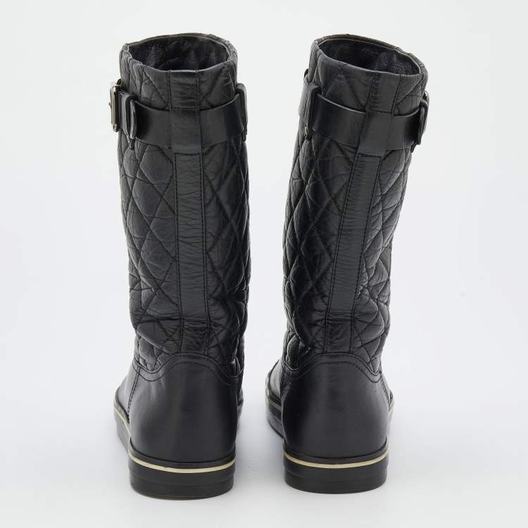 Pre Owned Chanel Black Quilted Leather Mid Calf Length Boots Size 37.5