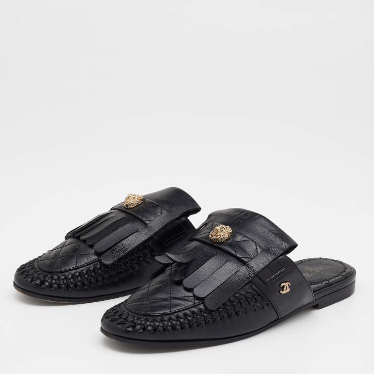 Chanel Black Braided Leather Lion Fringe Flat Mules Size 39