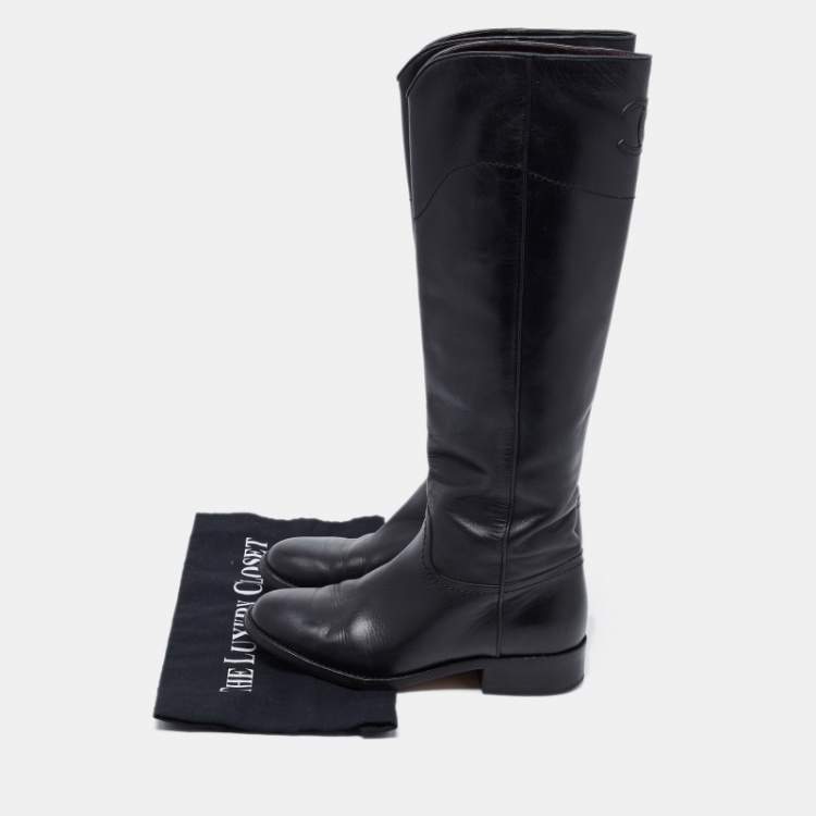 Pre Owned Chanel Black Leather Interlocking CC Logo Riding Midcalf Boots Size 36