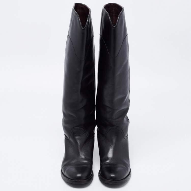 Pre Owned Chanel Black Leather Interlocking CC Logo Riding Midcalf Boots Size 36