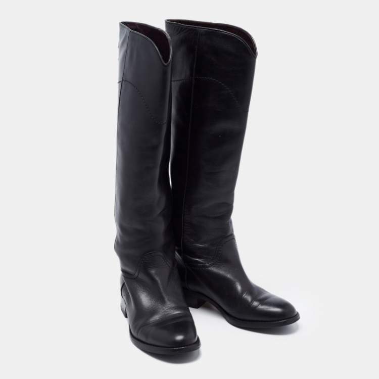 Pre Owned Chanel Black Leather Interlocking CC Logo Riding Midcalf Boots Size 36