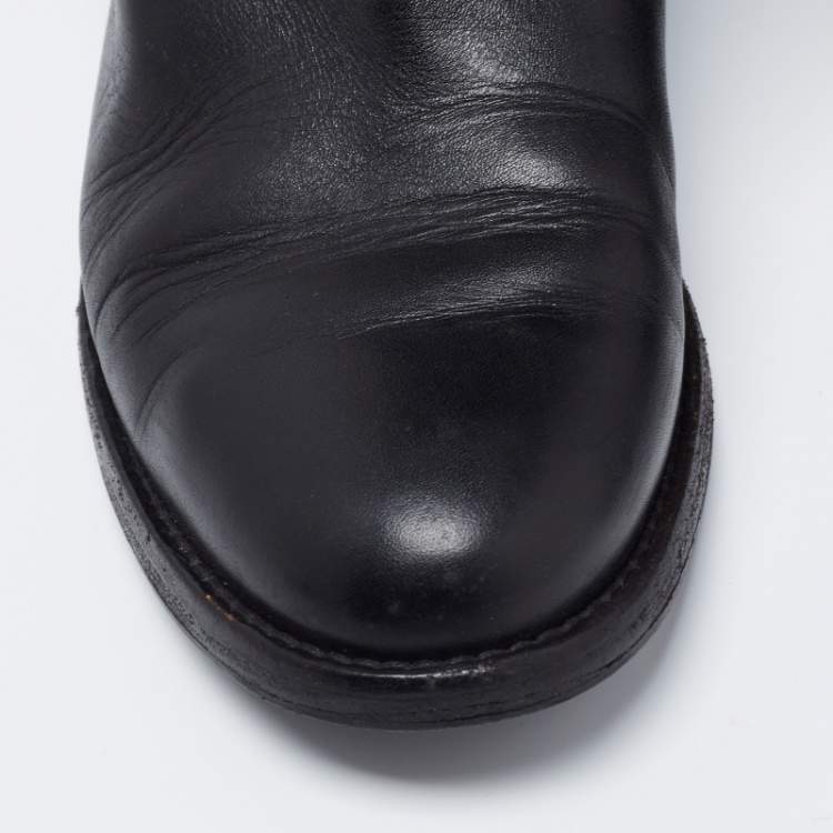 Pre Owned Chanel Black Leather Interlocking CC Logo Riding Midcalf Boots Size 36