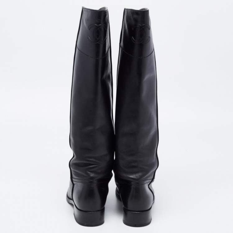 Pre Owned Chanel Black Leather Interlocking CC Logo Riding Midcalf Boots Size 36