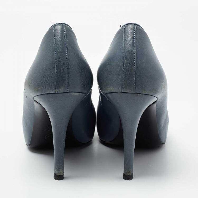 Pre Owned Chanel Slate Gray/Burgundy Leather CC Cap-Toe Bow Pumps Size 38.5