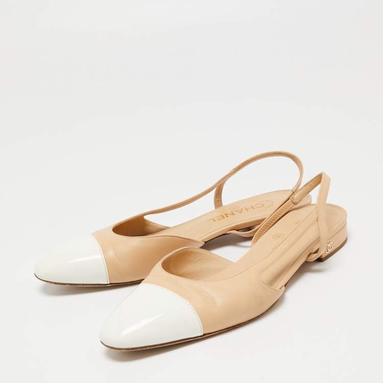 Chanel Beige/White Leather and Patent Slingback D'orsay Flats Size 39.5  Chanel