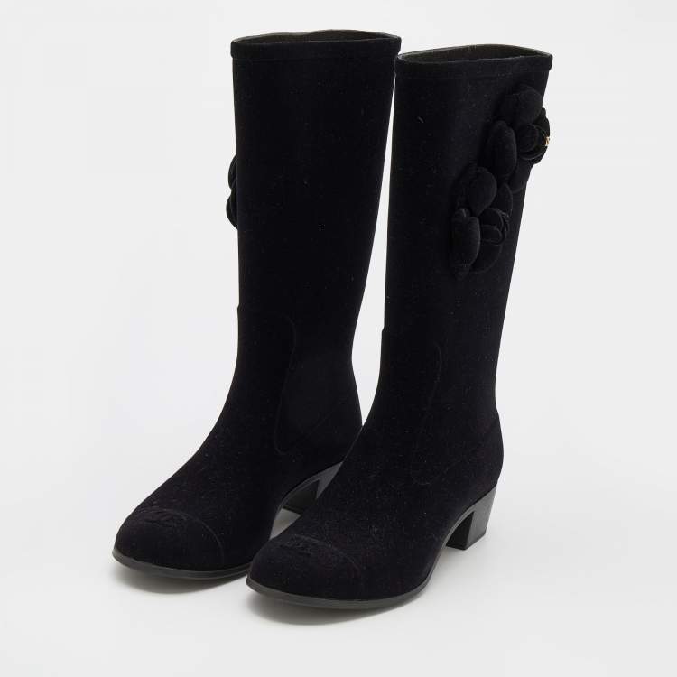 Chanel Black Velvet Camellia Calf Length Boots Size 36 Chanel