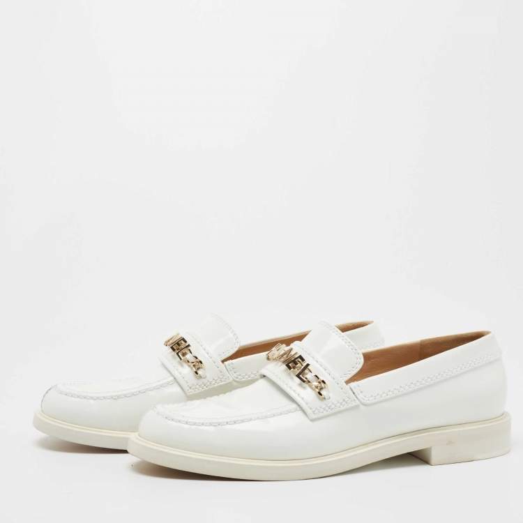 Pre Owned Chanel White Leather Logo Chain Slip On Loafers Size 38