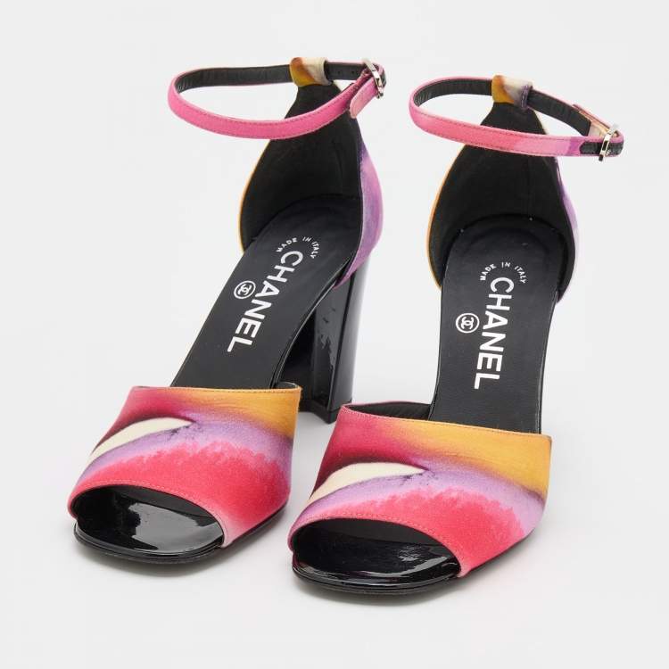 Chanel Multicolor Printed Fabric Ankle Strap Sandals Size 37 Chanel