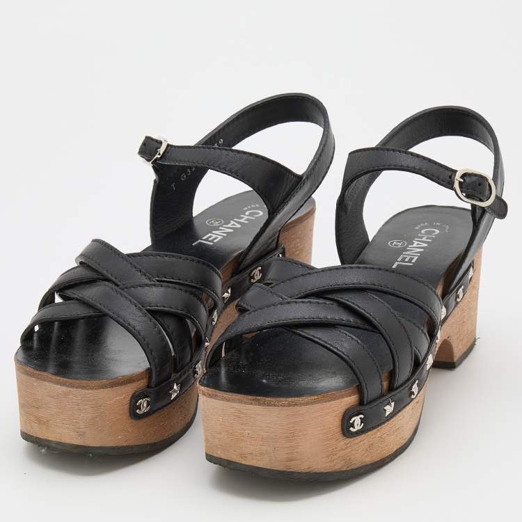 Chanel Black Leather Embellished Criss Cross Ankle Strap Platform Clog  Sandals Size 39 Chanel