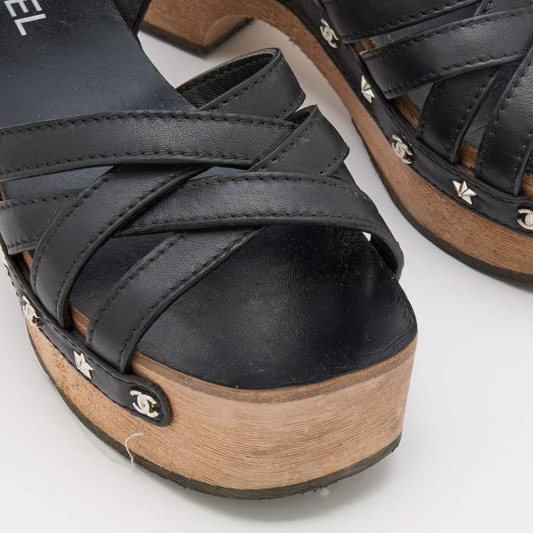 Chanel Black Leather Embellished Criss Cross Ankle Strap Platform Clog Sandals Size 39 Chanel