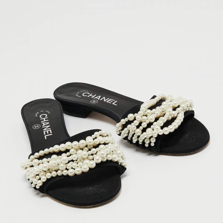 Pre Owned Chanel Black Fabric Pearl Embellished Flat Slides Size 36.5