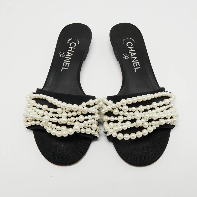 Pre Owned Chanel Black Fabric Pearl Embellished Flat Slides Size 36.5