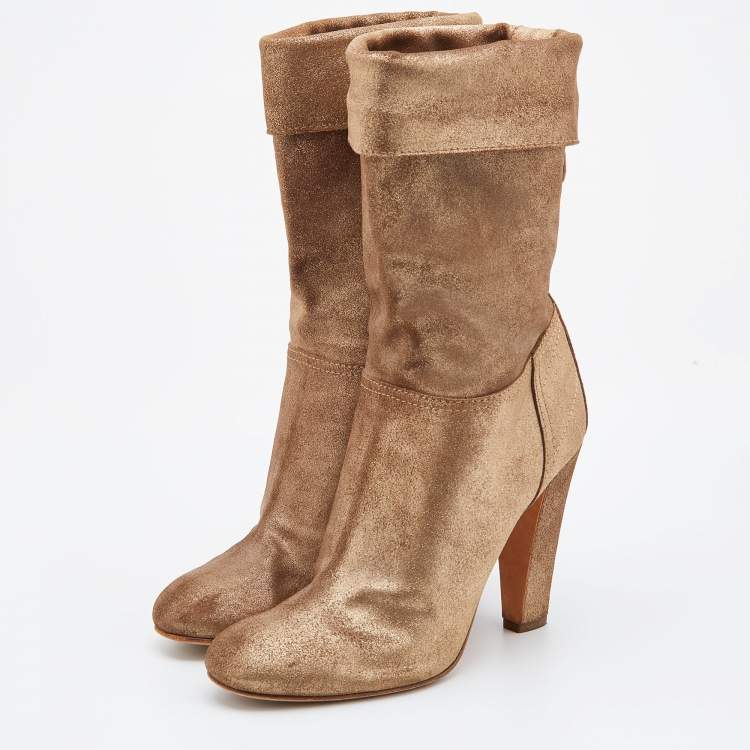 Chanel Metallic Gold Suede CC Fold Over Mid Calf Length Boots Size