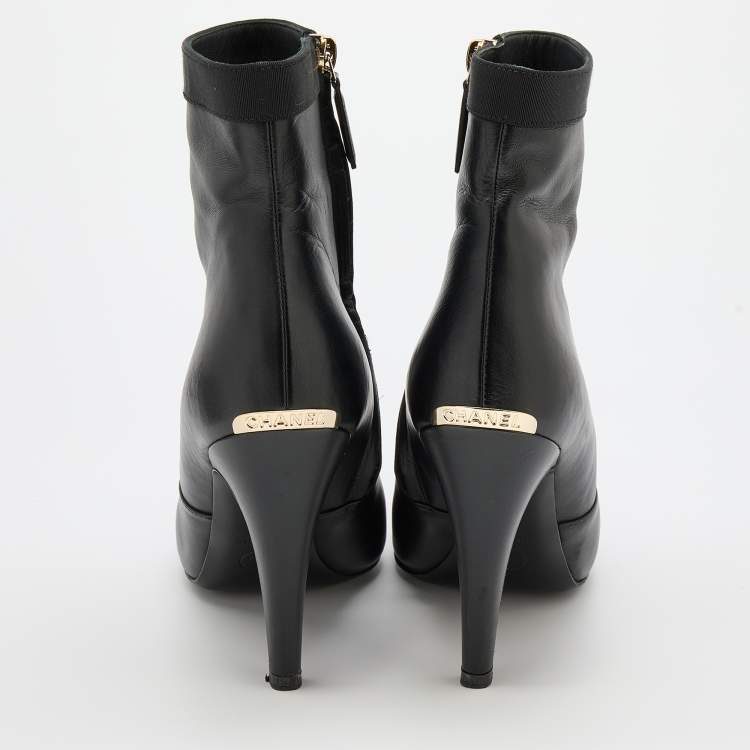 Pre Owned Chanel Black Leather CC Short Boots Size 37