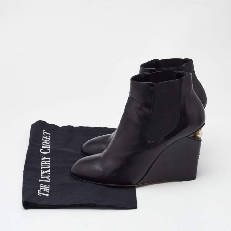 Pre Owned Chanel Black Leather Pearl Embellished CC Wedge Booties Size 40