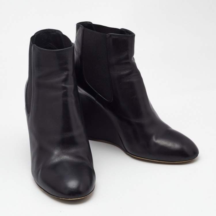 Pre Owned Chanel Black Leather Pearl Embellished CC Wedge Booties Size 40