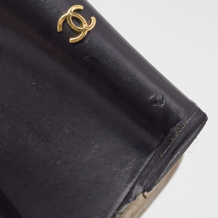 Pre Owned Chanel Black Leather Pearl Embellished CC Wedge Booties Size 40