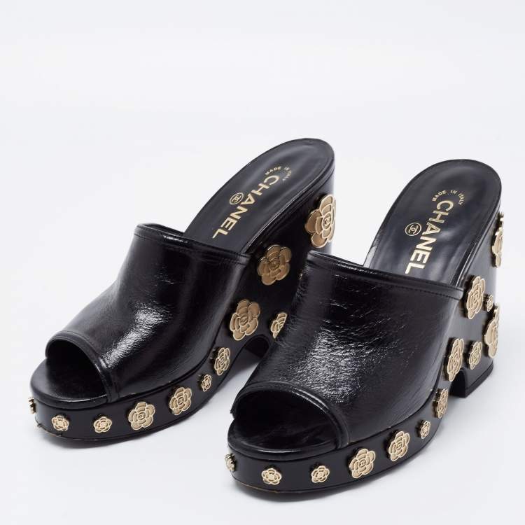 Chanel Black Leather Camellia Embellished Platform Wedge Slide Sandals Size  39.5 Chanel