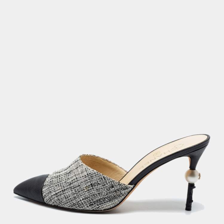 Chanel Black/White Tweed And Leather Pointed Cap Toe CC Pearl Heel Mules  Size 40.5 Chanel | The Luxury Closet