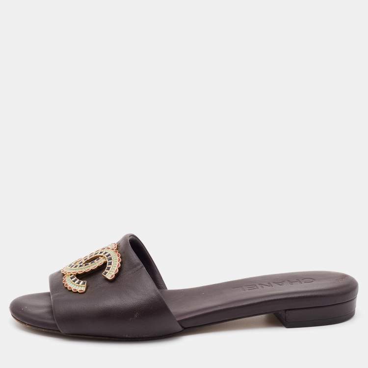 Pre Owned Chanel Dark Brown Leather CC Embellished Flat Slides Size 36.5