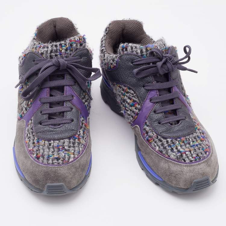 Pre Owned Chanel Multicolor Tweed, Suede and Leather CC Low Top Sneakers Size 38.5