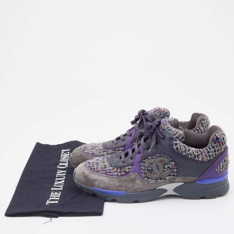 Pre Owned Chanel Multicolor Tweed, Suede and Leather CC Low Top Sneakers Size 38.5