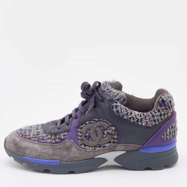 Pre Owned Chanel Multicolor Tweed, Suede and Leather CC Low Top Sneakers Size 38.5