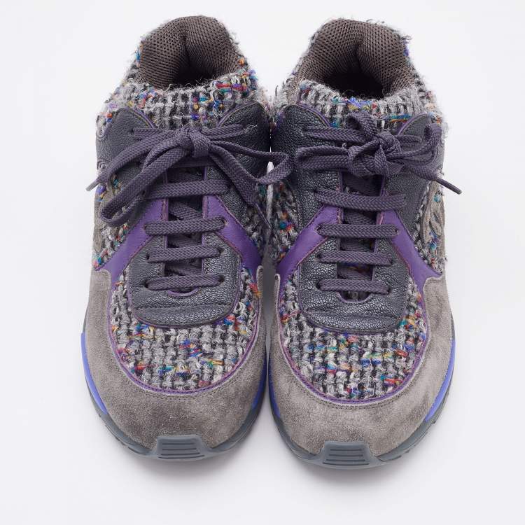 Pre Owned Chanel Multicolor Tweed, Suede and Leather CC Low Top Sneakers Size 38.5