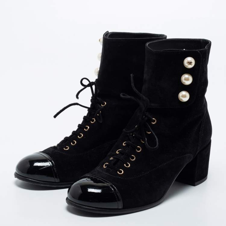 Chanel Black Suede and Patent Leather Cap Toe CC Pearl Ankle Boots