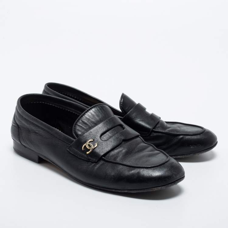Pre Owned Chanel Black Leather CC Penny Loafers Size 39.5