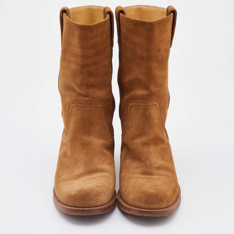 Pre Owned Chanel Light Brown Suede Mid Calf Length Boots Size 37.5