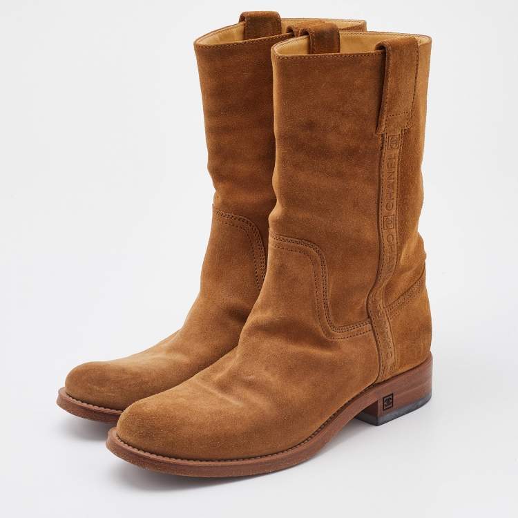 Pre Owned Chanel Light Brown Suede Mid Calf Length Boots Size 37.5