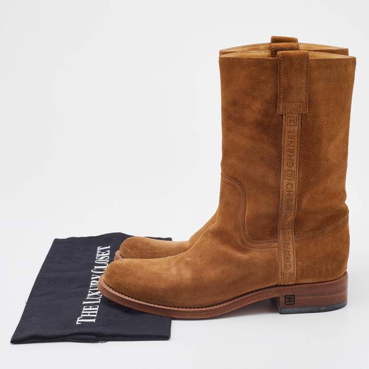 Pre Owned Chanel Light Brown Suede Mid Calf Length Boots Size 37.5