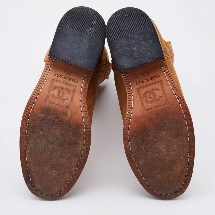 Pre Owned Chanel Light Brown Suede Mid Calf Length Boots Size 37.5