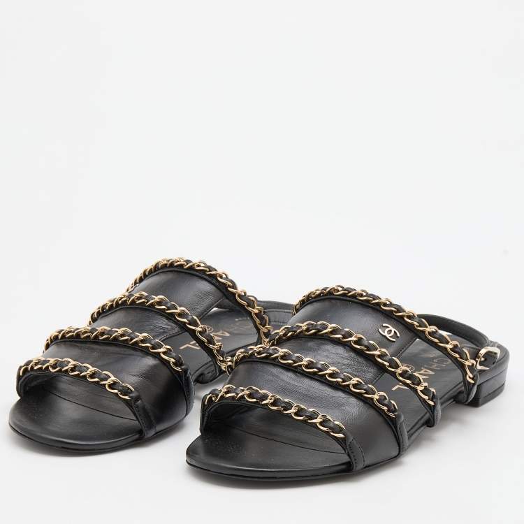 Chanel Black Leather CC Chain Detail Ankle Strap Flats Size 38 Chanel | TLC